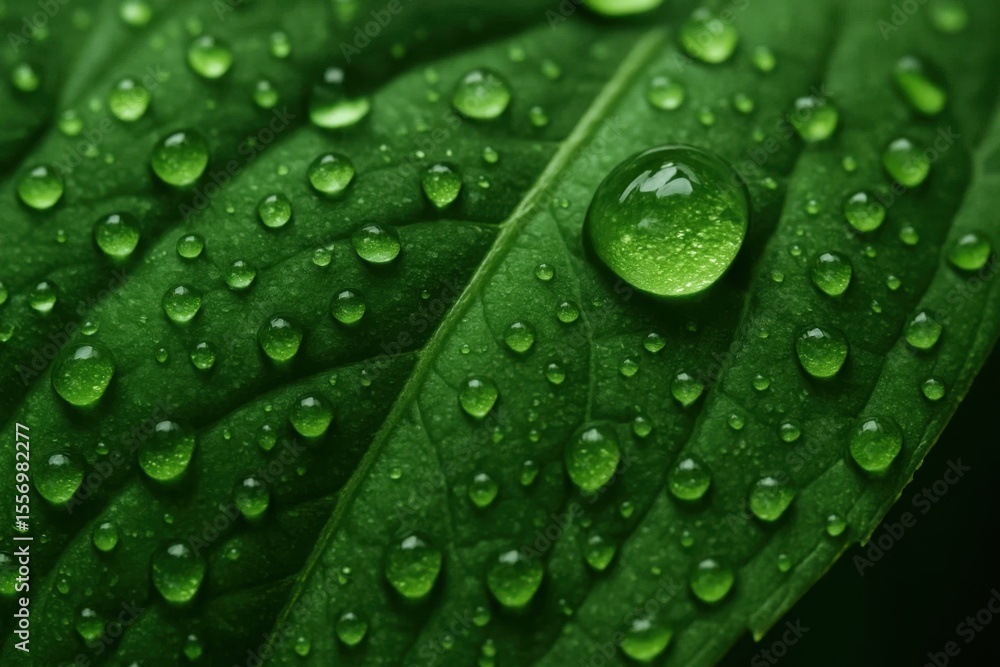 A close up of a green leaf with water droplets on it A close up of a green leaf with water droplets on it