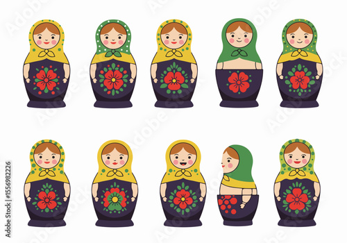 Happy Cartoon Matryoshka Dolls Illustration in Rows on White Background