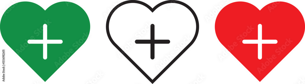 Obraz premium Cross plus heart medical logo icon vector, plus icon,geometric symbols for math, plus minus icon vector symbol illustration. 