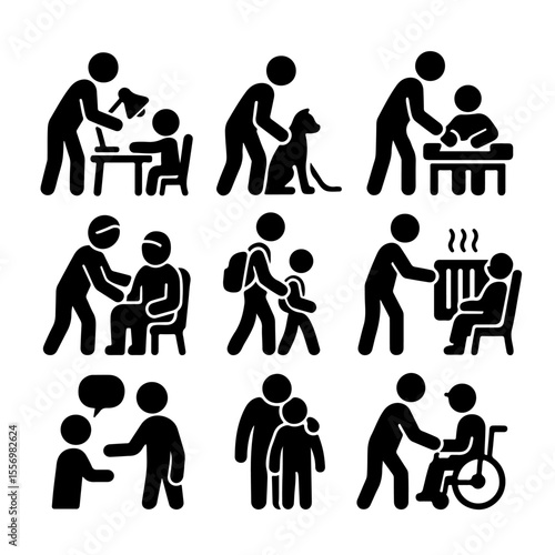 A collection of simple pictogram illustrations captures various acts of care and support. Showcasing a variety of situations. 