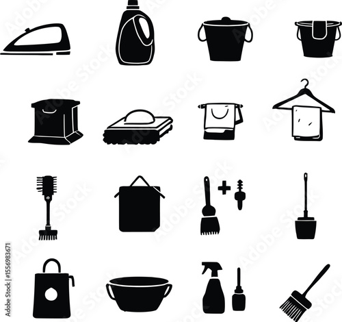 Home Chores & Cleaning Essentials – Monochrome Vector Icon Set of Household Tools, Bottles, Buckets, Towels, and Brushes in Grid Layout