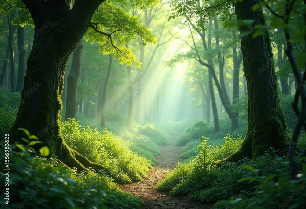 Obraz premium lush forest sunlight filtering through trees nature scene tranquil atmosphere green canopy, leaves, foliage, stream, shade, bark, branches, moss, pathway