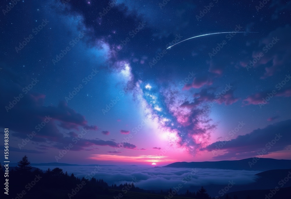 Naklejka premium celestial nightscape vibrant shooting stars starry sky cosmic beauty twilight aurora heavenly display, galaxy, nebula, universe, darkness, twinkling, stargazing