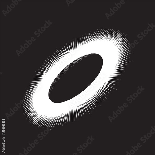 A white glowing ring with radiating lines on a black background creating a halo effect design