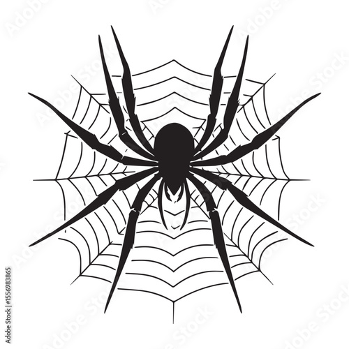 "Spider silhouette on web" vector art" isolate black and white background