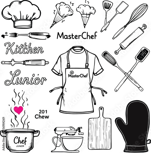MasterChef Junior Kitchen Icon Set – Monochrome Vector Illustrations of Cooking Tools, Chef Hat, Apron, Mixer, and Creative Culinary Labels
