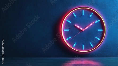 Wallpaper Mural 3d rendering of a neon clock on a dark blue wall. the clock is circular in shape and has a red and blue color scheme. Torontodigital.ca