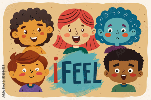 Poster in a classroom showing “I feel...” with illustrated faces of different emotions