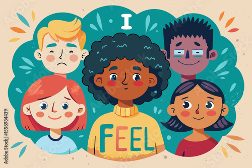 Poster in a classroom showing “I feel...” with illustrated faces of different emotions