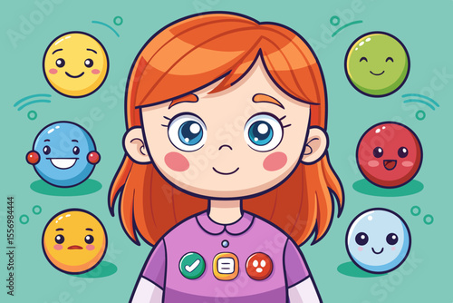 Girl holding a toy with emotion buttons that show different facial expressions