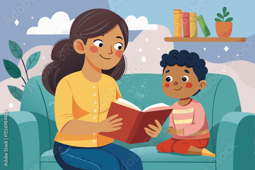 Mother and child reading a book about emotions on the couch