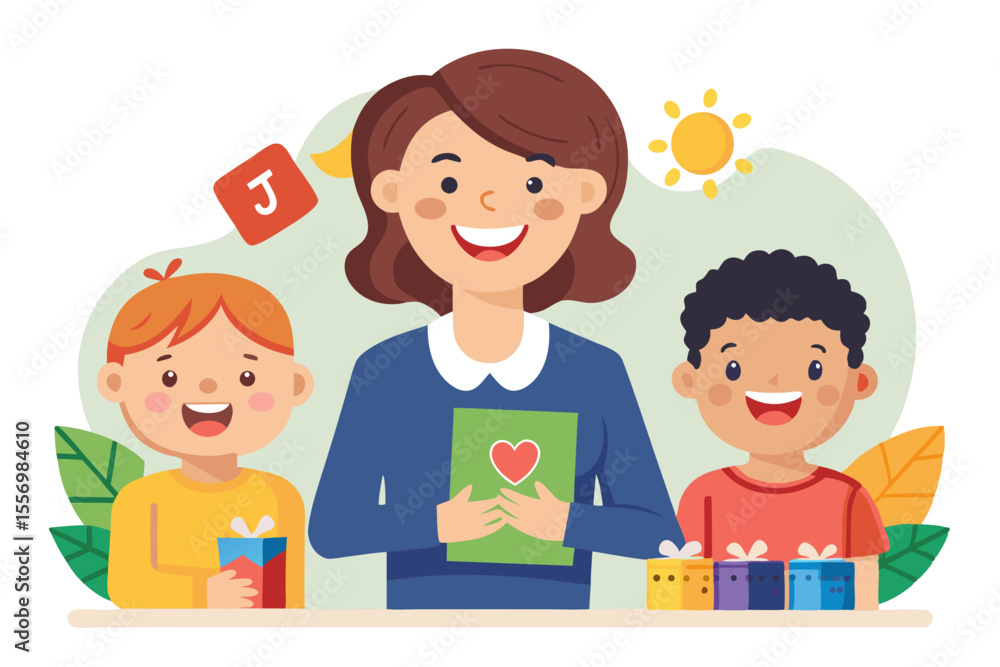 Kindergarten teacher holding a “joy” flashcard and smiling to show children Kindergarten teacher holding a “joy” flashcard and smiling to show children
