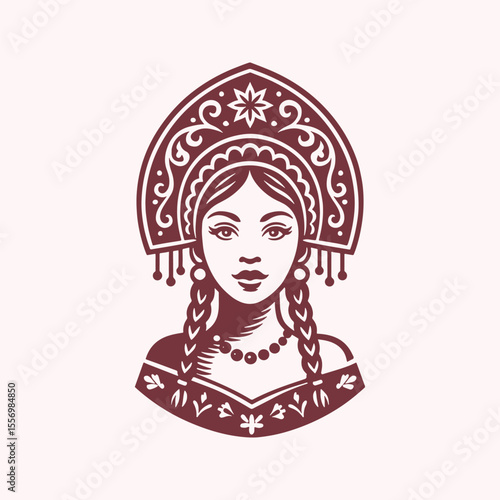 Beautiful young russian woman in traditional clothing. Retro vector illustration suitable as a logo, for textile printing or advertising of all kinds.