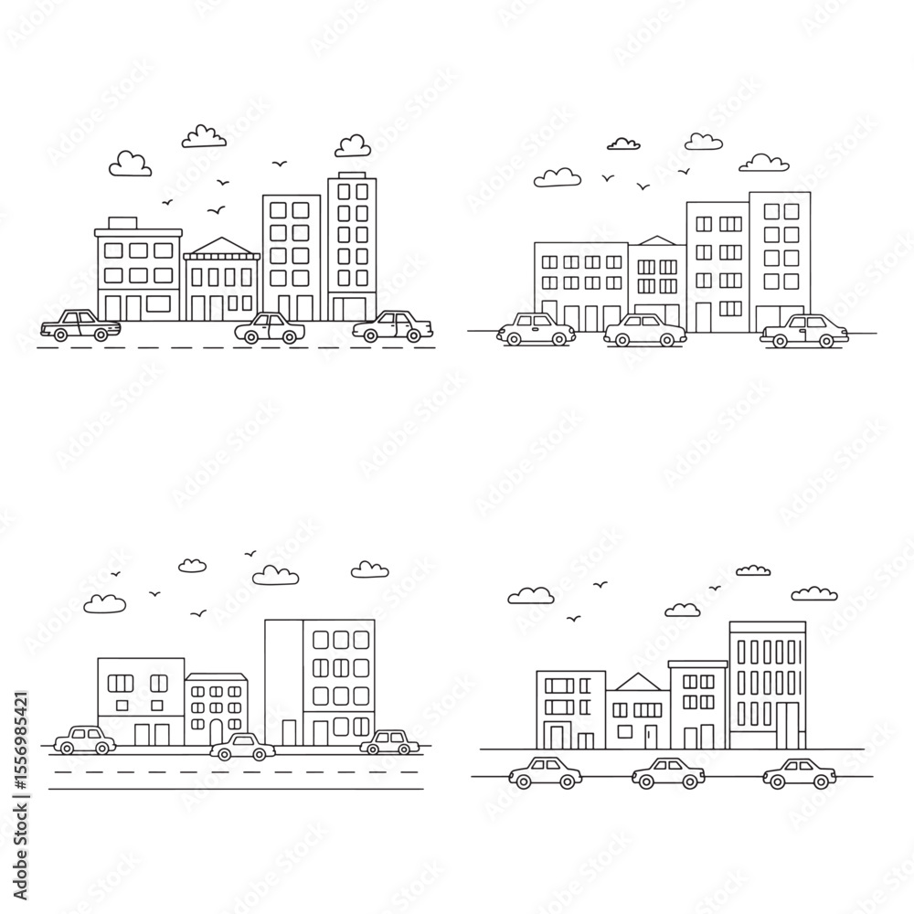 Fototapeta premium Cityscape Illustrations of Urban Scenes Depicting Buildings Cars and Clouds in a Minimalist Line Art Style and Black and White Theme
