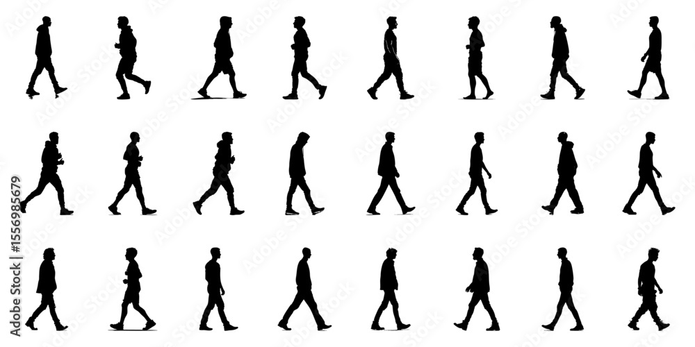 Walking Men Silhouette Icon Set. Dynamic Movement And Posture Symbol Collection. Fitness And Lifestyle Visuals. Isolated Vector Illustration Walking Men Silhouette Icon Set. Dynamic Movement And Posture Symbol Collection. Fitness And Lifestyle Visuals. Isolated Vector Illustration