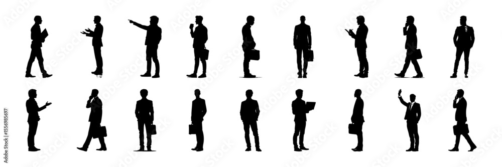 Business Professionals In Various Poses Silhouette Icon Set. Corporate Communication And Interaction Symbol Collection. Business And Office Use. Isolated Vector Illustration Business Professionals In Various Poses Silhouette Icon Set. Corporate Communication And Interaction Symbol Collection. Business And Office Use. Isolated Vector Illustration