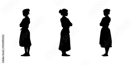Standing Women In Profile Silhouette Icon Set. Body Language And Posture Reference Symbol Collection. Fashion And Lifestyle Visuals. Isolated Vector Illustration