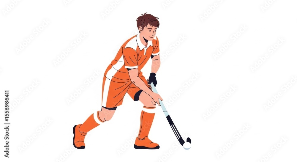 Obraz premium Field Hockey Player with Stick and Orange Uniform