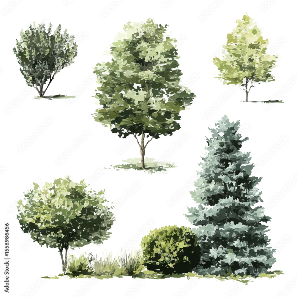 Fototapeta premium Watercolor Trees And Shrubs Side View Set. Landscape Architecture And Garden Planning Element Collection. Isolated Vector Illustration