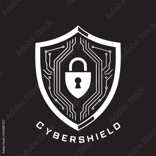 A shield with a padlock inside and circuit board design on a black background with cybeshield text