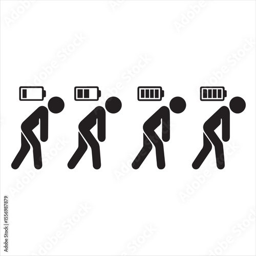 Set level energy person with battery from low tired in full happy, line icon. People with low charge and lack battery energy and human strong power sign with high energy. Burnout, stress. Vector