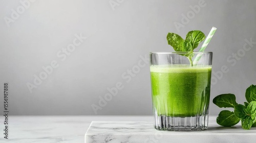 Glass of green smoothie on a white marble countertop. the glass is tall and has a white and green striped straw sticking out of it.