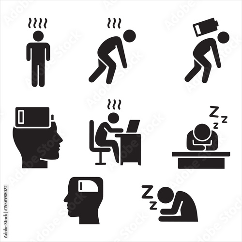 tired person icon set, fatigue or exhausted, stress, vector illustration on white background