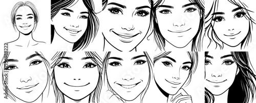 set of ten gentle smiling woman's face vector in black and white minimalist style, soft and calming mood.