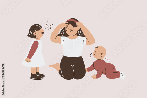 Cartoon Illustration of Stressed Mother With Children