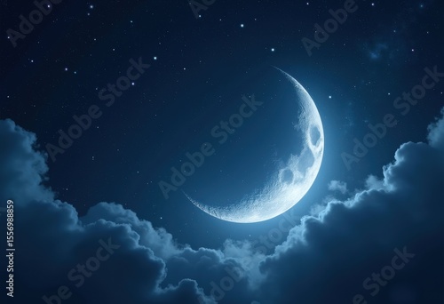 crescent moon silhouette starry night sky elegant visual serenity magic tranquil atmosphere cosmic beauty, stars, twilight, dusk, glow, mystery, jewel