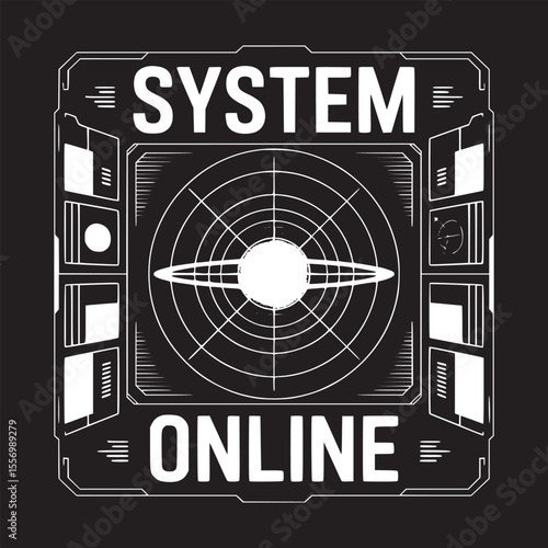 A futuristic system online graphic with a grid, bright center, and technical interface elements