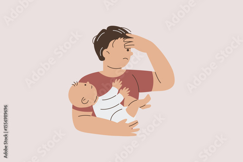 Depressed Father Holding Baby Illustration