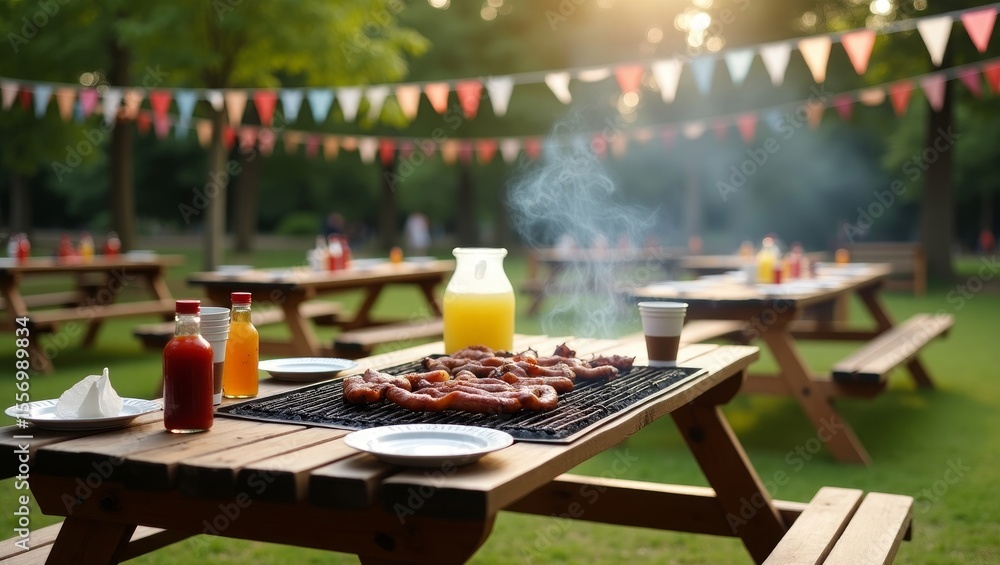 Fototapeta premium barbecue at sunset party in park