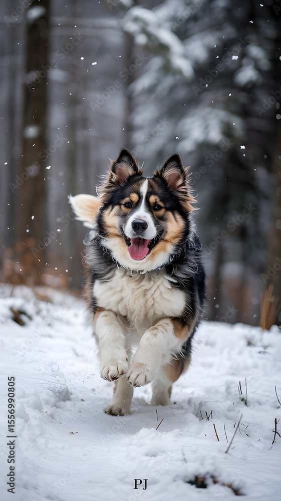Naklejka premium Border Collie Mix happily running towards the viewer through a snowy, wooded environment