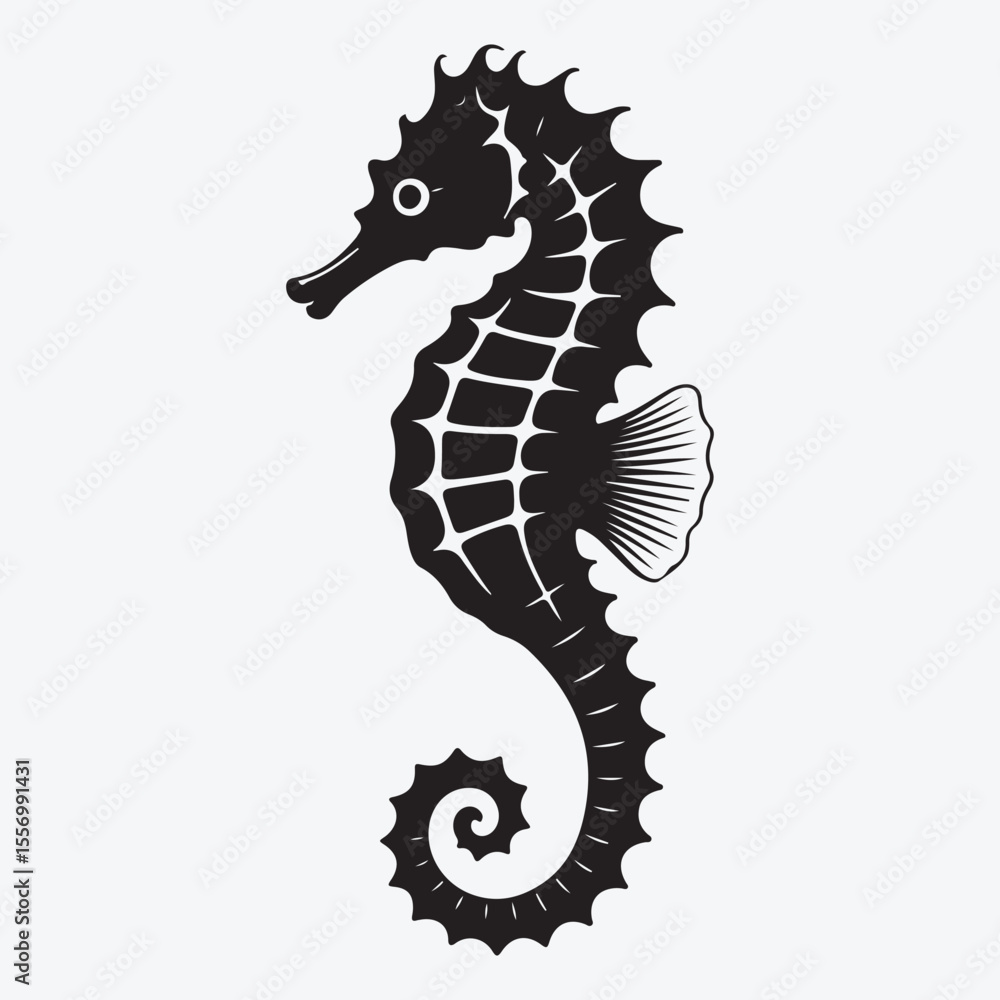 Fototapeta premium Black seahorse silhouette with detailed fin and tail curl