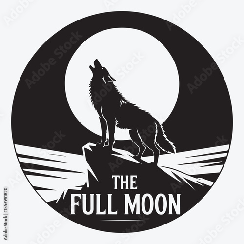 Silhouette of wolf howling at moon on rock in black circle