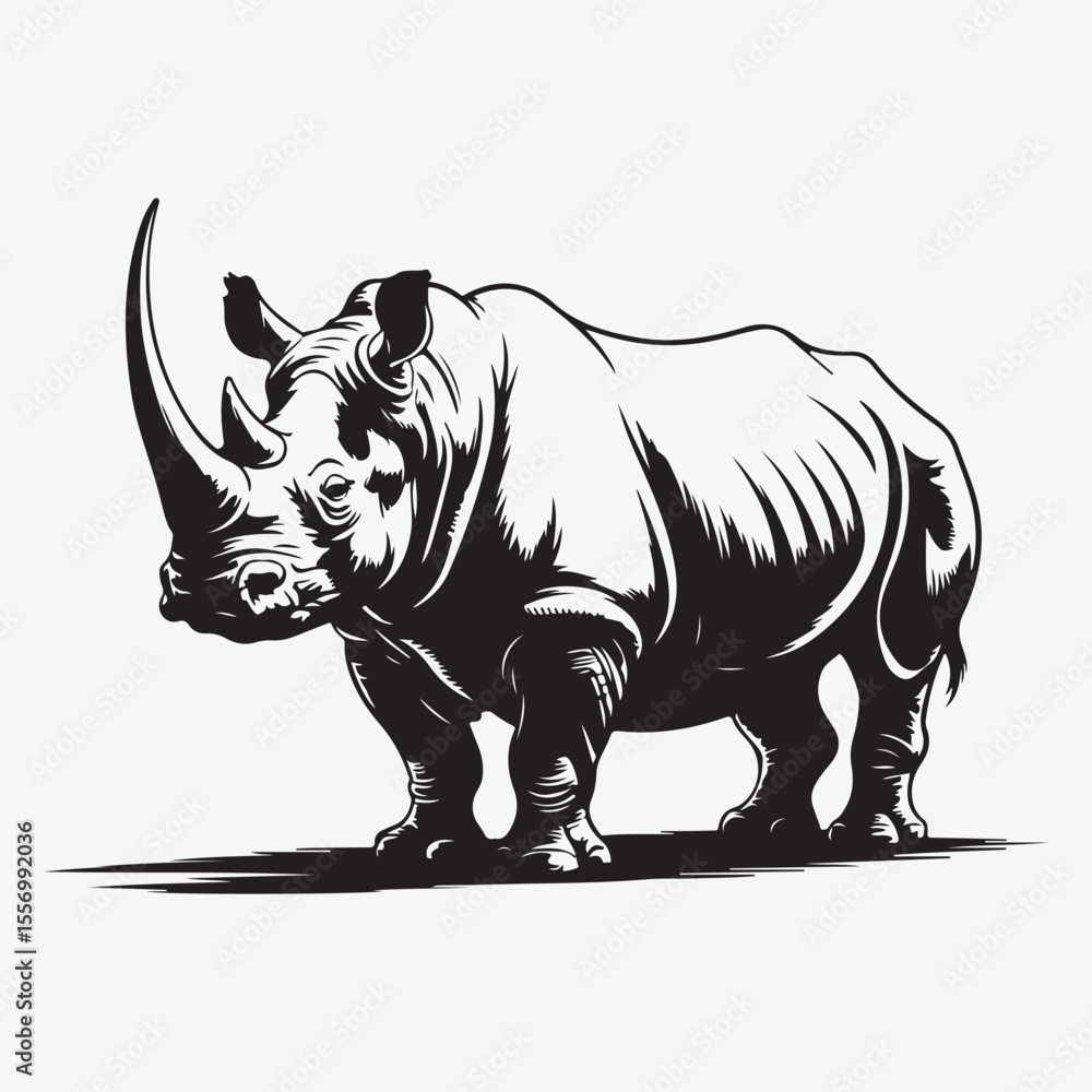 Fototapeta premium Illustration of a rhinoceros standing in black and white