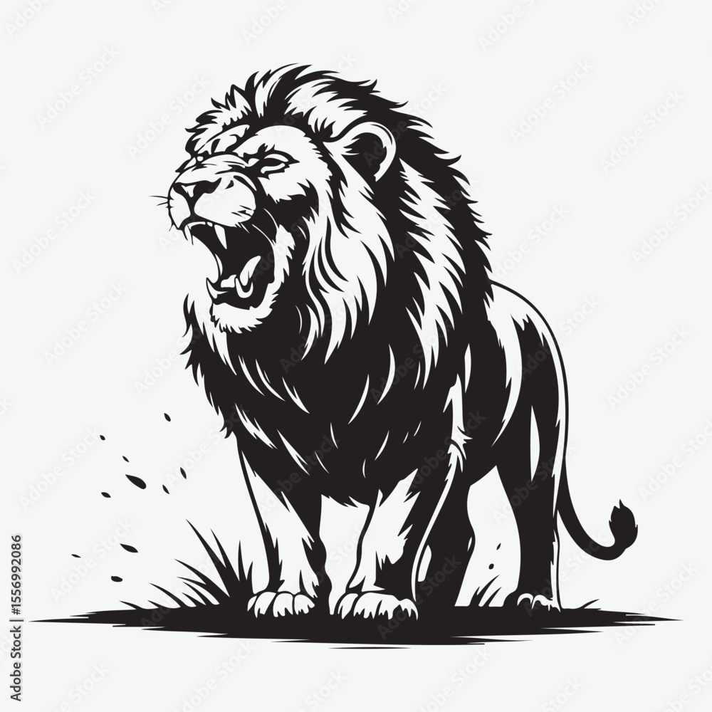 Fototapeta premium Roaring lion standing in grass black and white illustration