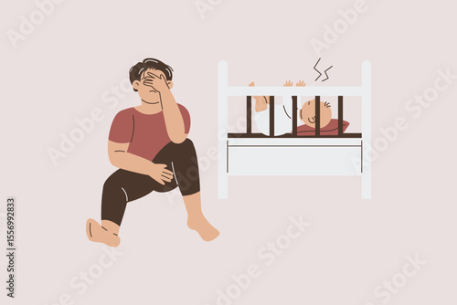 Exhausted Father with Crying Baby Illustration
