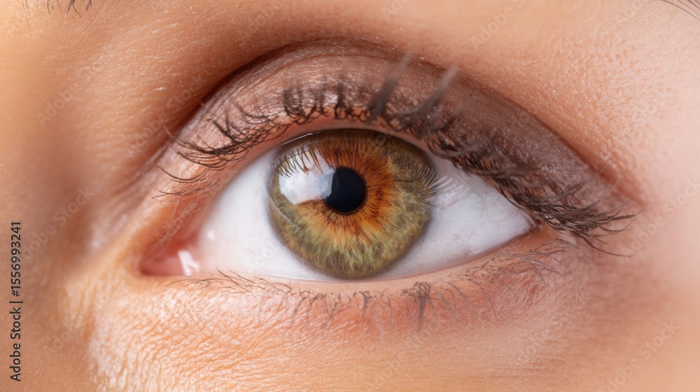 Fototapeta premium Close-up of a human eye with a striking green and brown iris, centered by a dark black pupil, framed by long curved eyelashes, and surrounded by smooth, peachy-beige skin with fine texture details.