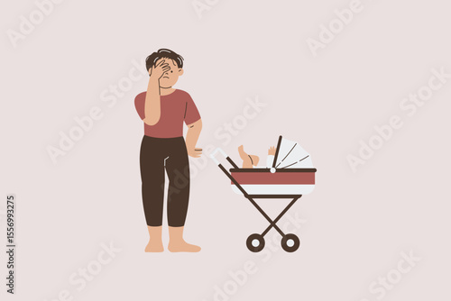 Illustration of Depressed Father with Baby in Pram