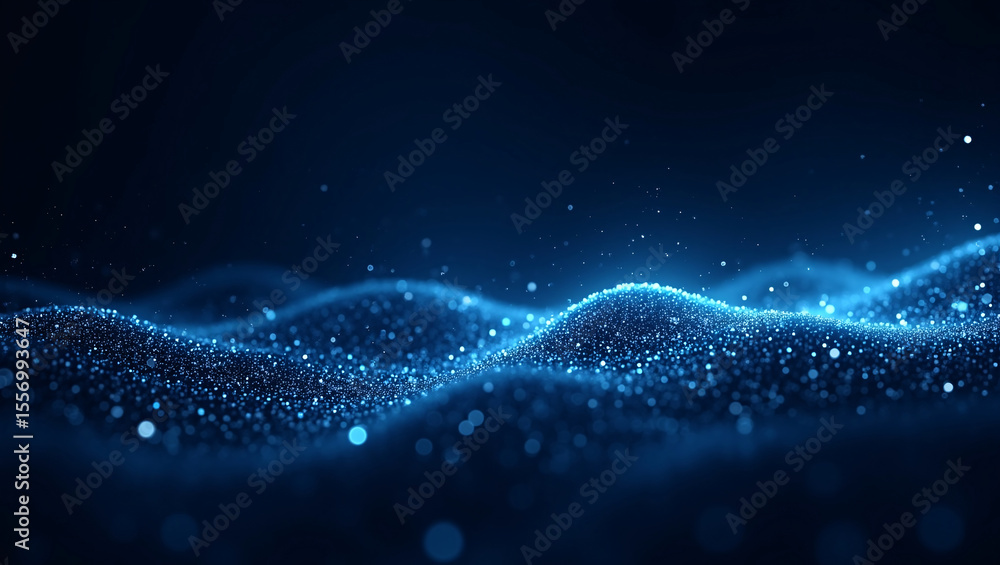 Dark blue background with glowing blue particle waves, creating a futuristic, digital feel.