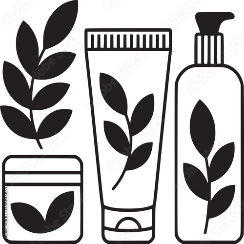 A black and white illustration of cosmetic products with leaves including a cream tube and a bottle