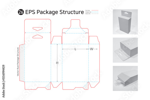 P1_26. A three-sided adhesive hanger box with easy open flap for use in computer parts, stationery and medicine packaging. package Dieline. Box structure. 
