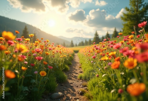 trail vibrant wildflowers sunlit landscape colorful nature bloom springtime serenity, rainbow, lgbtq, lgbt, pride, love, equality, sunlight, petal, meadow