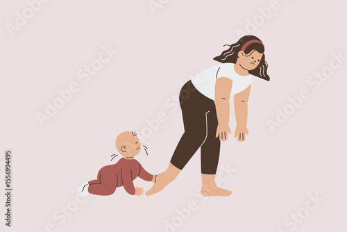 Illustration of Tired Mother with Baby