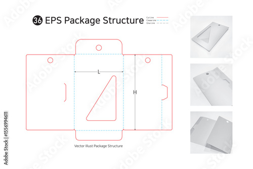 P1_36. It is a window-type folder bag that can be sold by hanging computer supplies, medicines, and stationery on a hook. package Dieline. Box structure. 