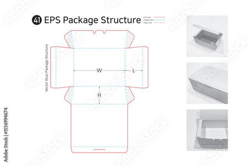 P1_41. It is a trapezoidal four-sided adhesive box with an open top and is used for lunch boxes, gimbap, salads, and vegetable packaging. package Dieline. Box structure. 