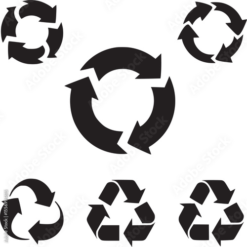A collection of six black recycling symbols in various circular and triangular arrangements on white