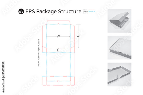 P1_47. It is a top open assembly box with a double wall at the front and can be used as a pizza, clothing, and delivery box. package Dieline. Box structure. 